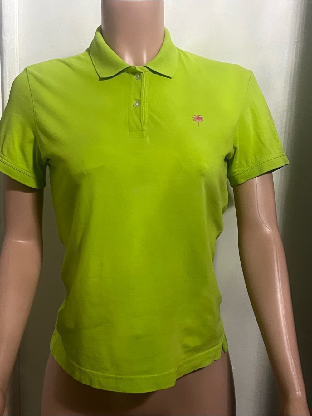 Lilly Pulitzer Lime Green Polo Shirt with Pink Palm Logo